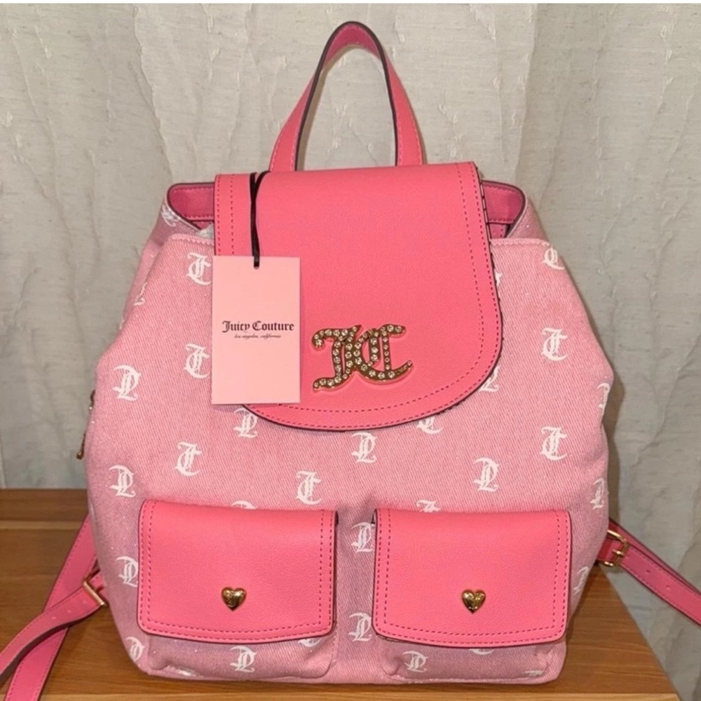 NEW! Juicy Couture Pink & White Glitter “Pack It Up” Multi Pockets Chic Backpack